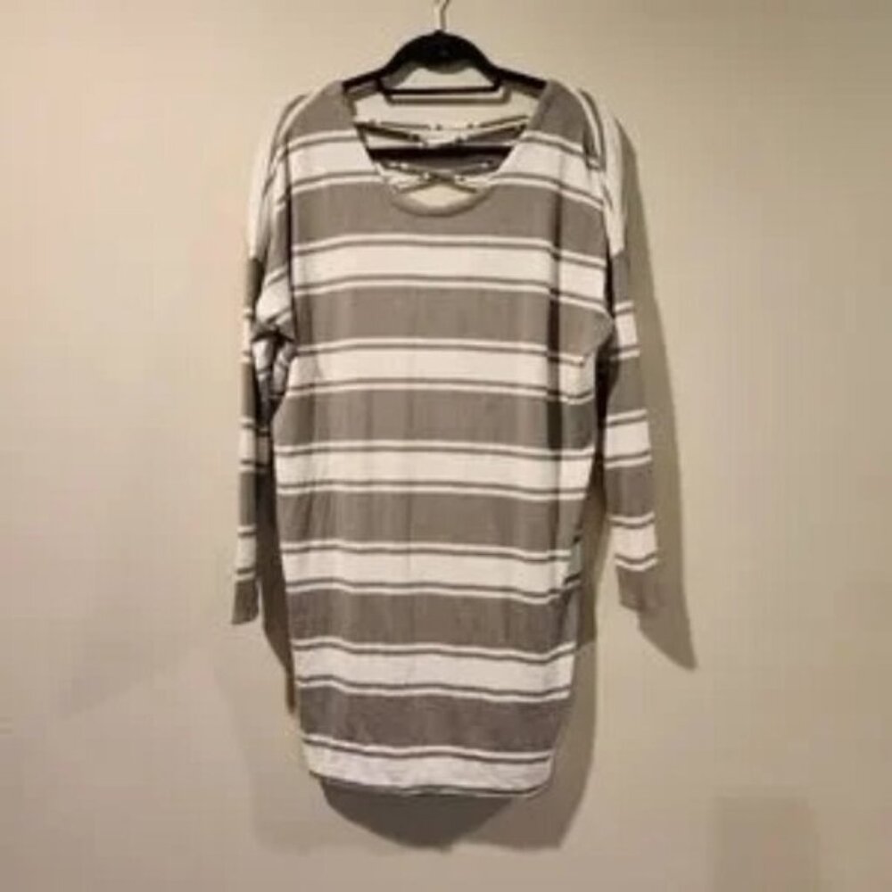 CHASER dress gray and white lace up back long sleeve stripe drop sleeve size Med